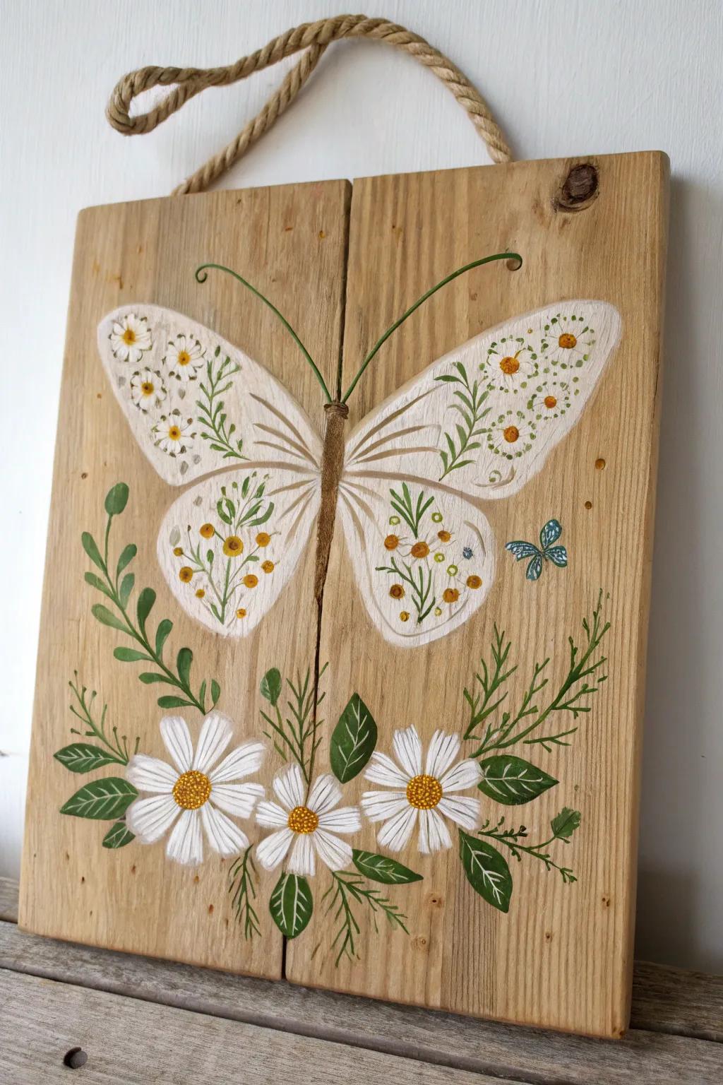 Floral wing butterfly on reclaimed wood—tiny daisies and vines for a charming cottage feel.