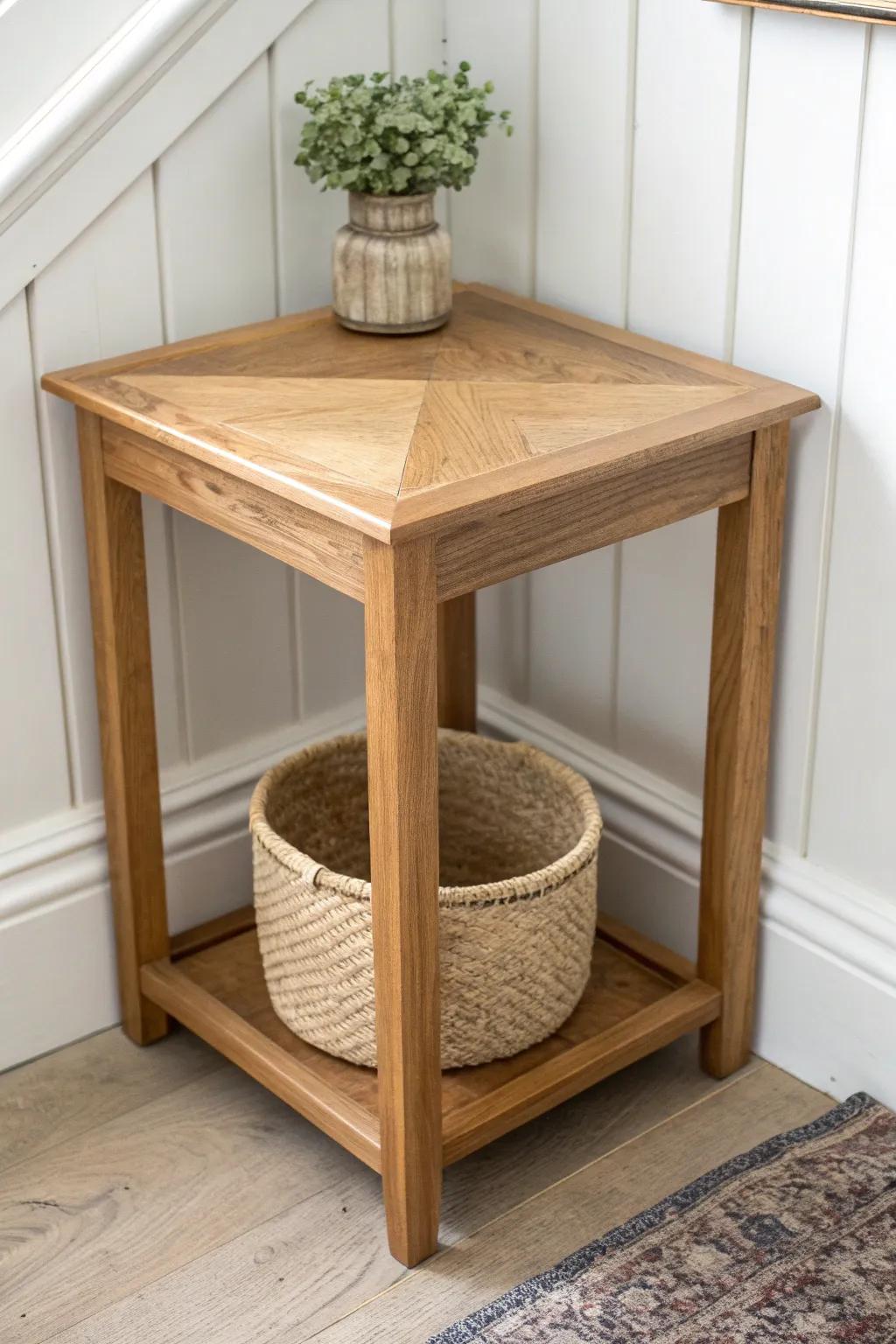 Open-cubby corner table in warm oak—minimal, boho-friendly storage that stays within reach.