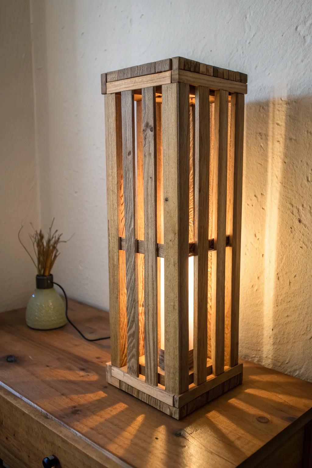 Pallet slat lantern lamp with warm glow—rustic wood craftsmanship and cozy shadow stripes.
