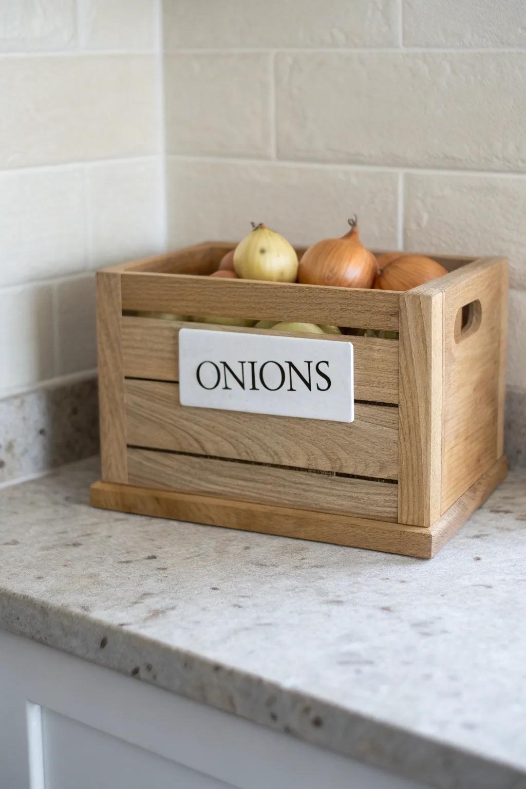 Airy, labeled wooden pantry box—keep onions tidy while adding warm Scandinavian charm.