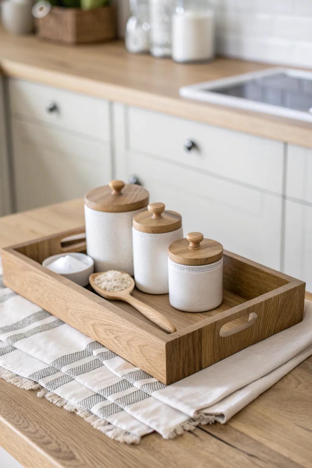 A wooden tray with simple canisters and a scoop—farmhouse storage that feels styled.