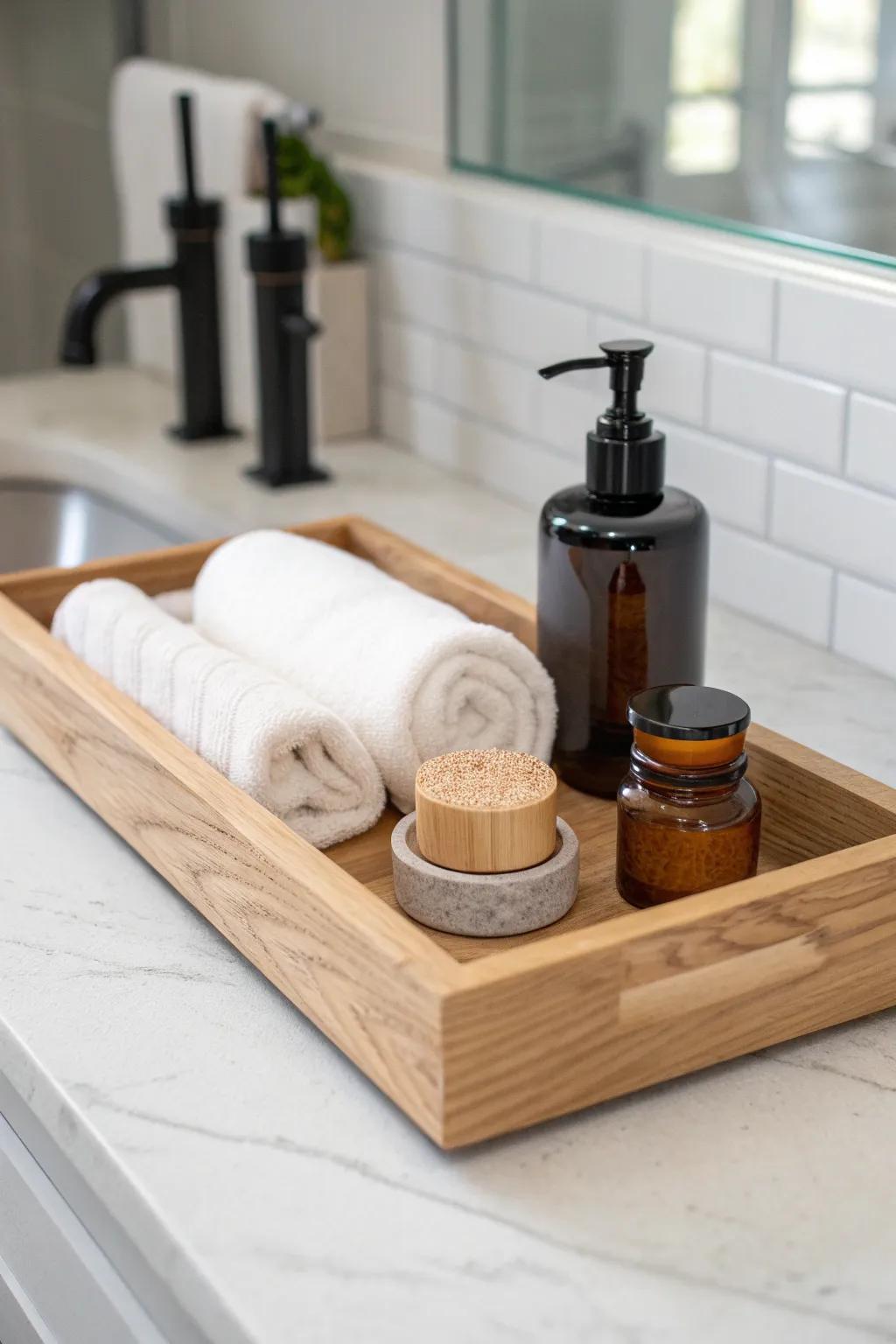 A spa-style bathroom tray: warm wood, crisp whites, and sleek essentials for calm luxury.