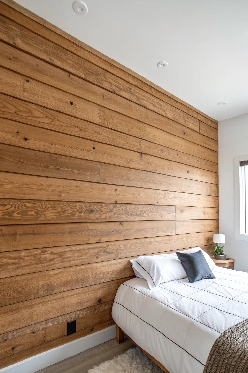 Horizontal plank paneling behind the bed adds warmth and makes the room feel instantly wider.