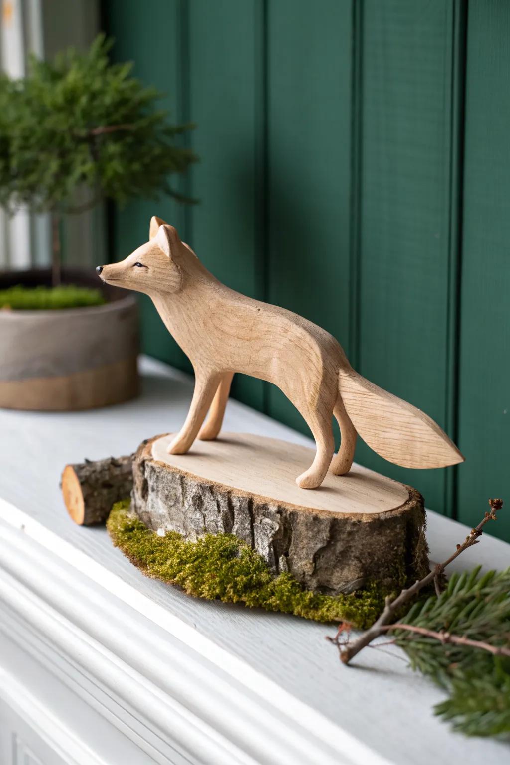 A hand-carved wooden fox on mossy bark—storybook woodland charm in a clean, minimalist nook.