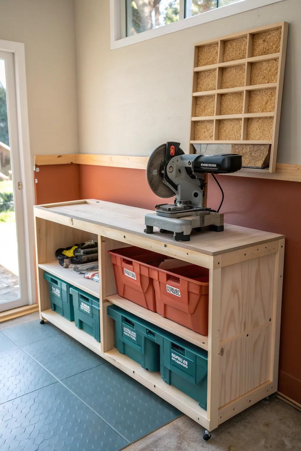 Minimal miter saw station with cubby storage—clean cuts, tidy offcuts, bold color accents.