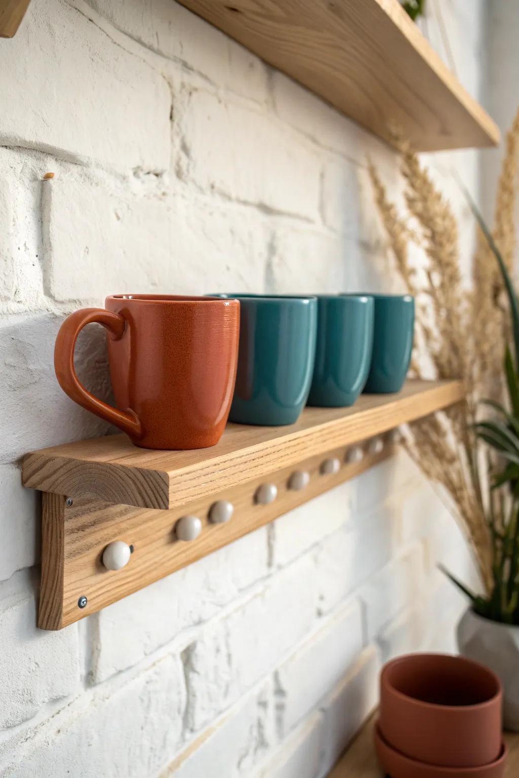 Scandi oak mug shelf with silky-smooth pegs—cabinet space saved in bold, cozy style.
