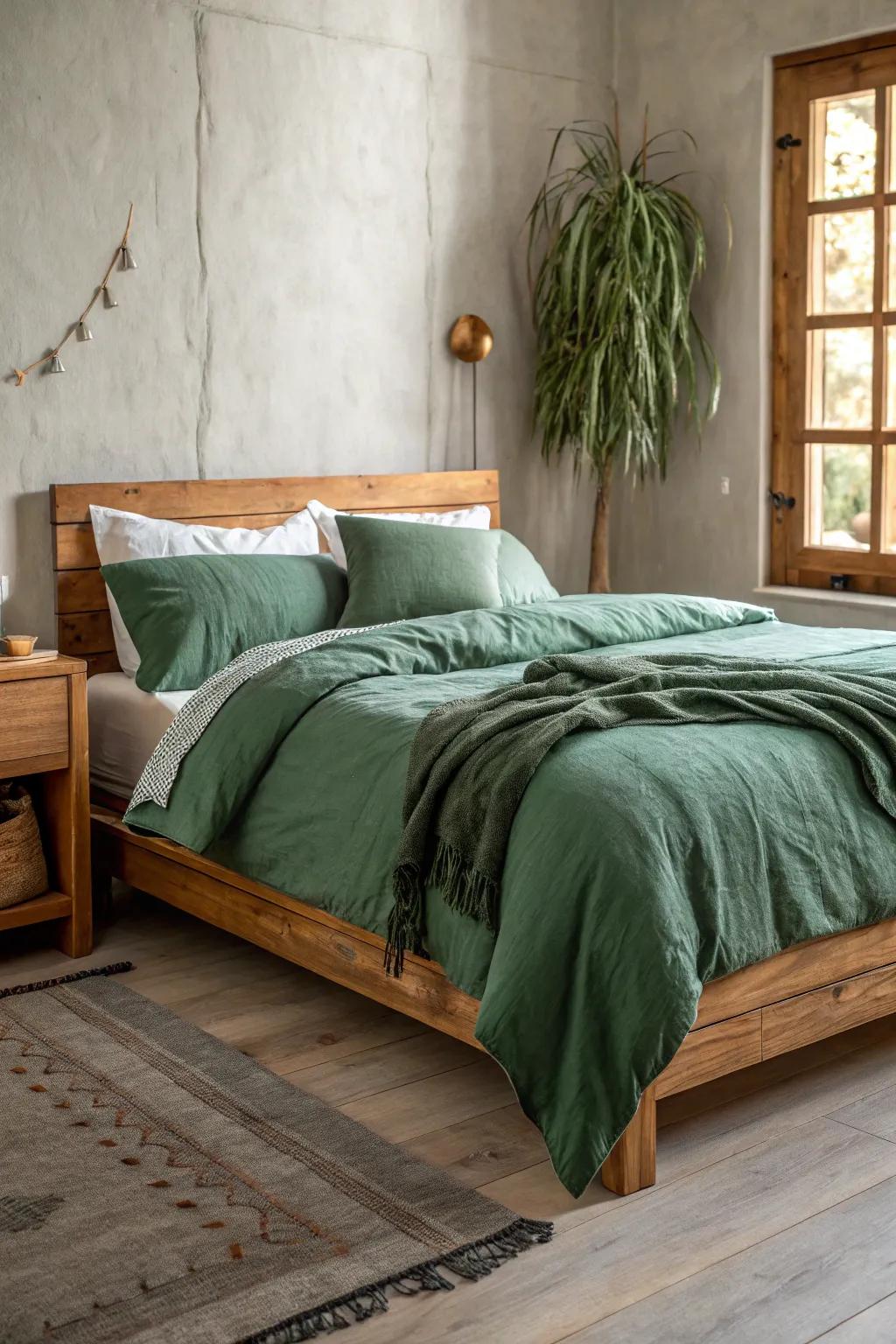 Forest-green linen duvet with creamy layers—earth tones that let warm wood grain shine.