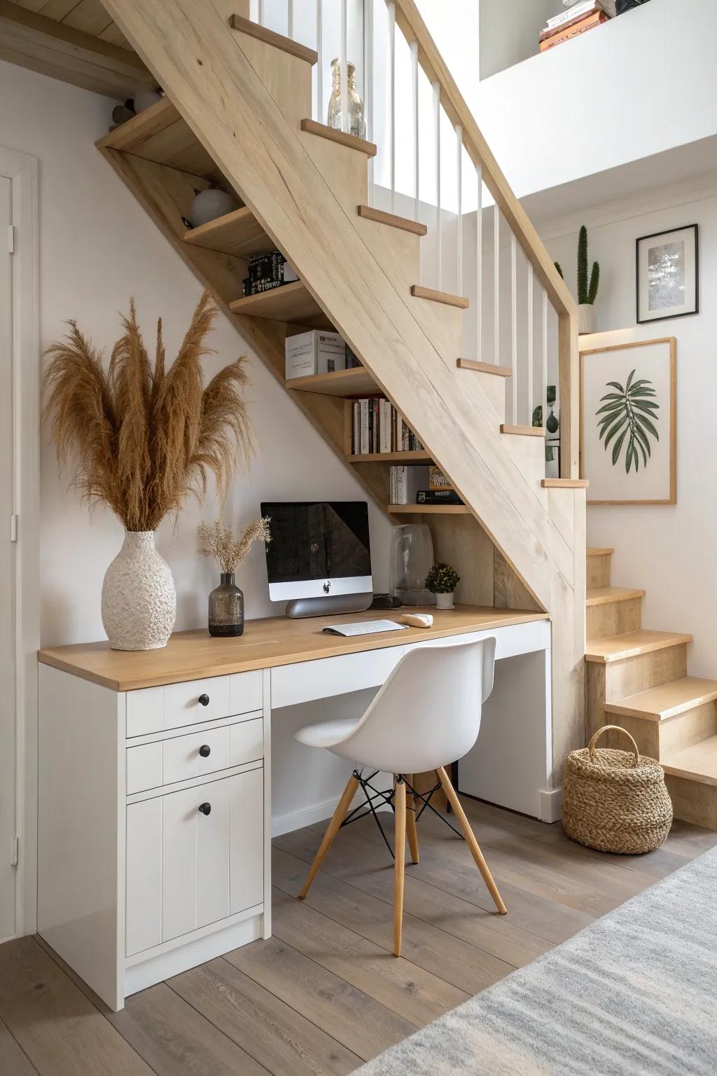 Cozy under-stair built-in desk in warm oak—minimal, space-smart, and beautifully crafted.