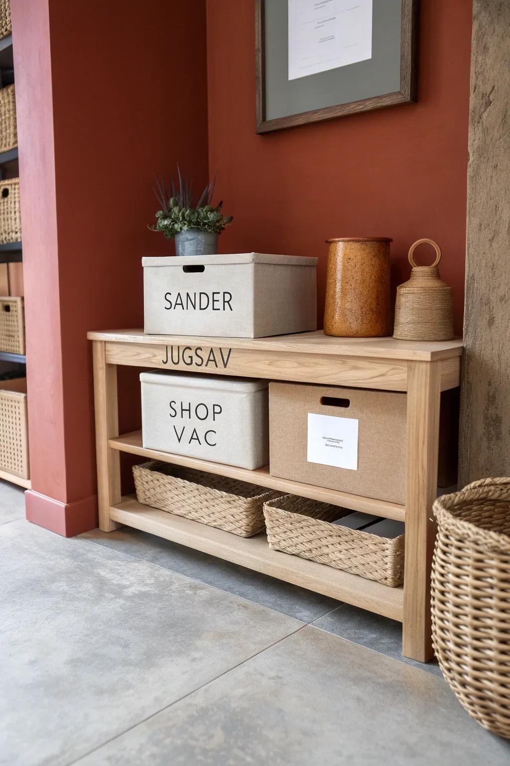 Open under-bench shelf: labeled boxes keep bulky tools close, tidy, and off the benchtop.