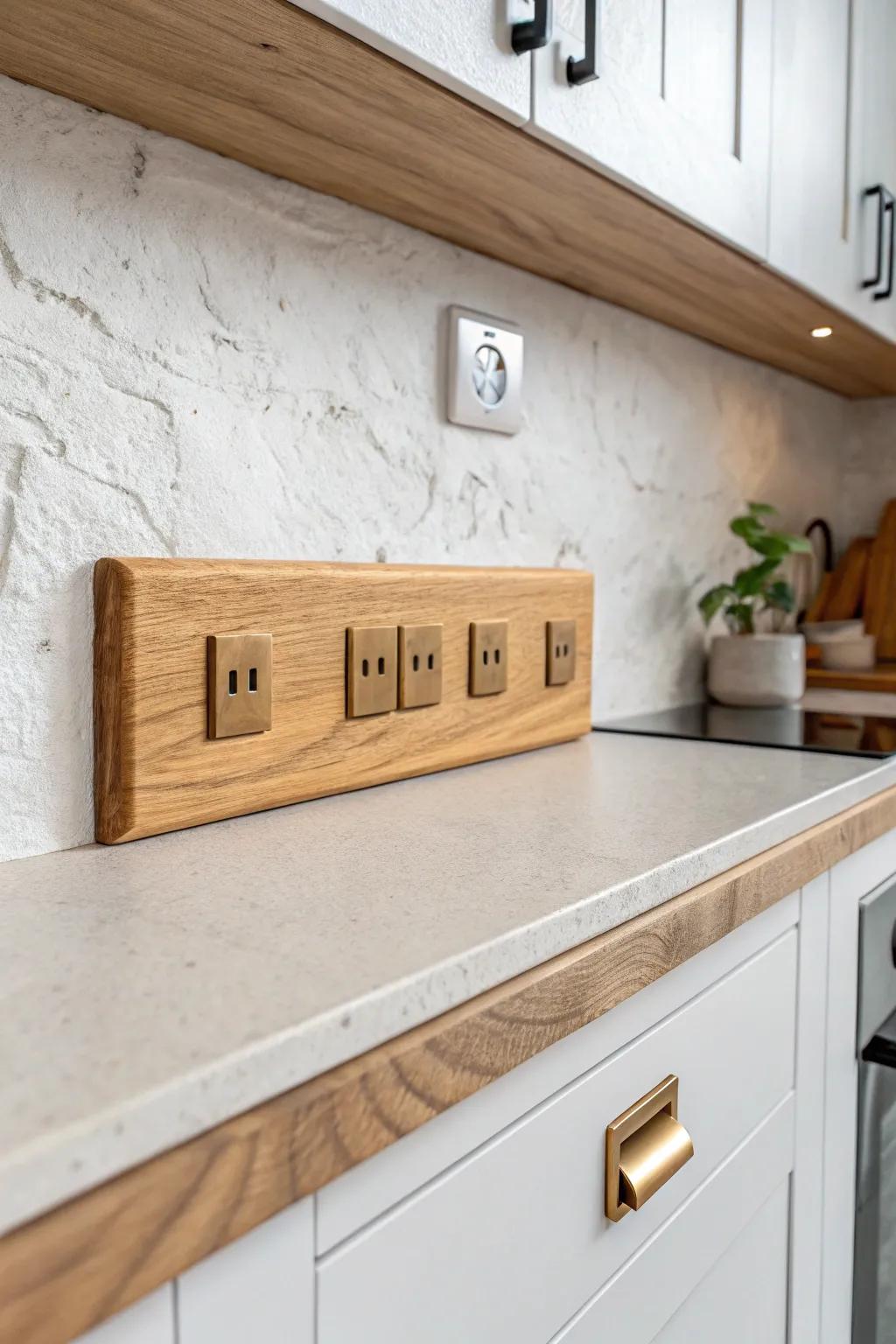 Outlet-ready oak backsplash strip—more plugs, less cord swapping, in a calm pantry setup.