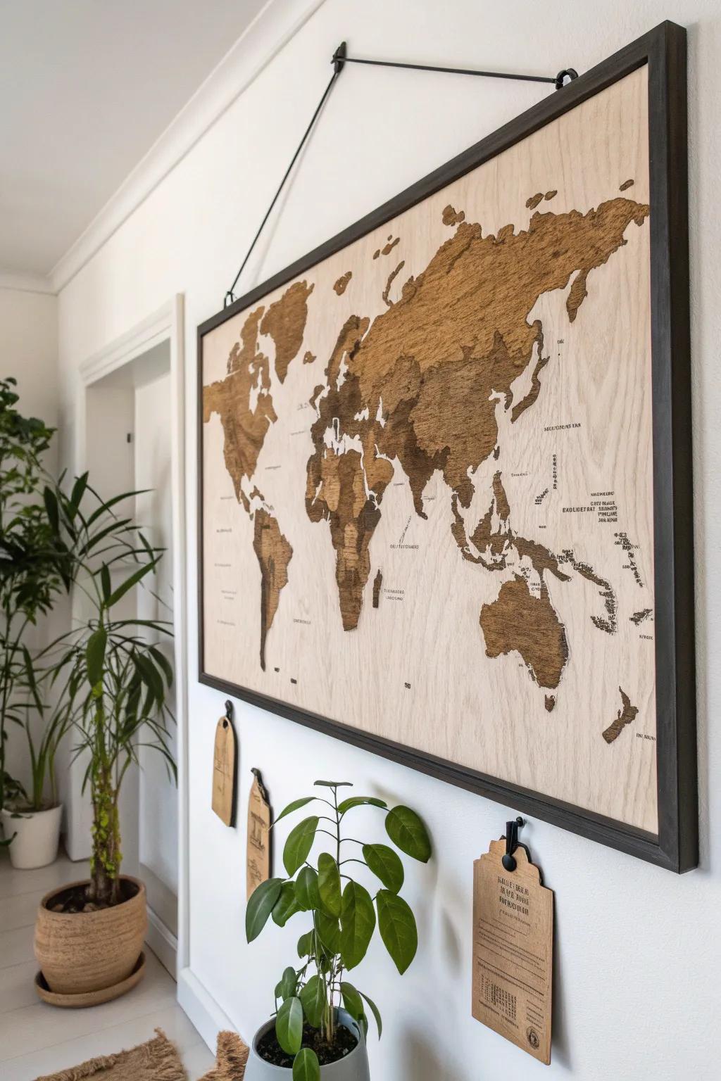 Scandi oak world map board with sealed QR stations—an interactive, kid-friendly learning display.