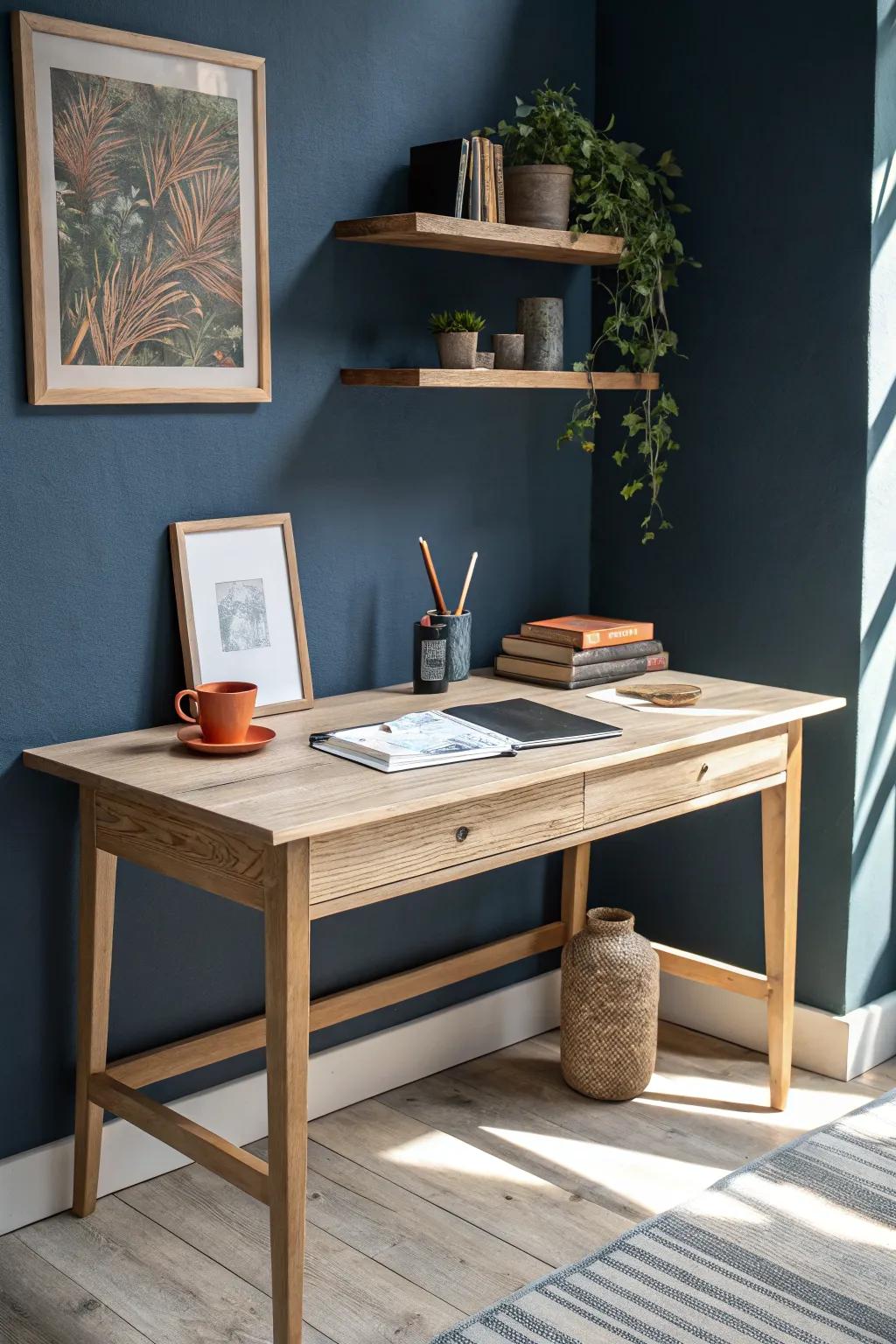 A light oak writing desk with floating shelves—minimal, airy, and perfectly styled.
