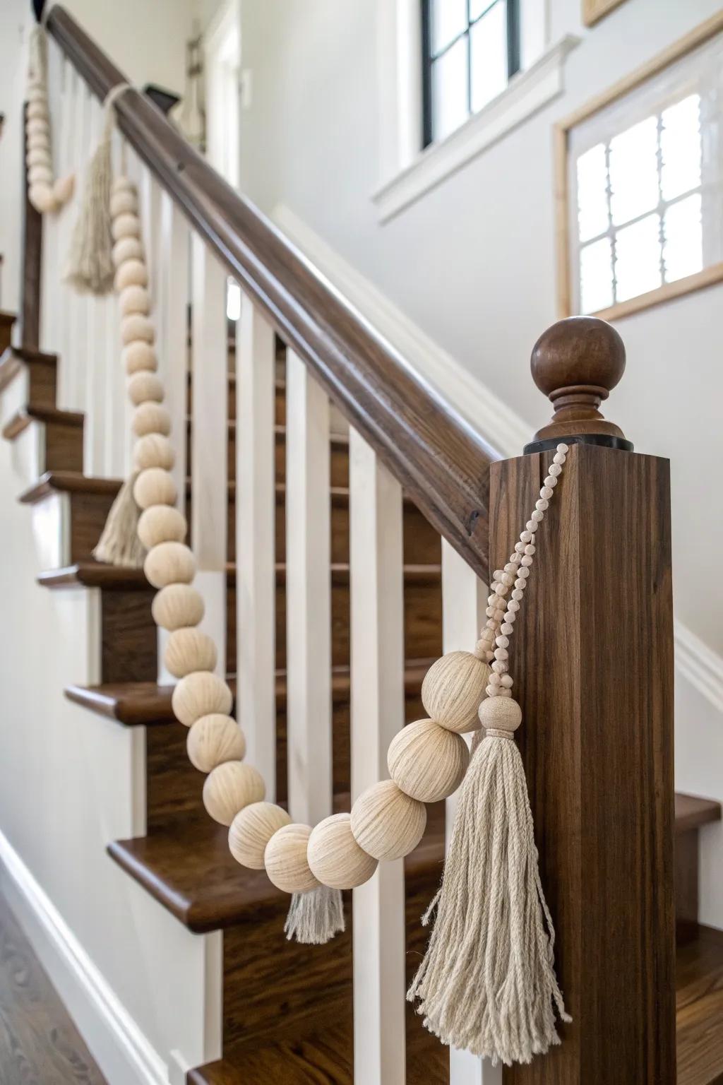 Drape an oversized natural wood bead strand on your banister for effortless, handmade style.