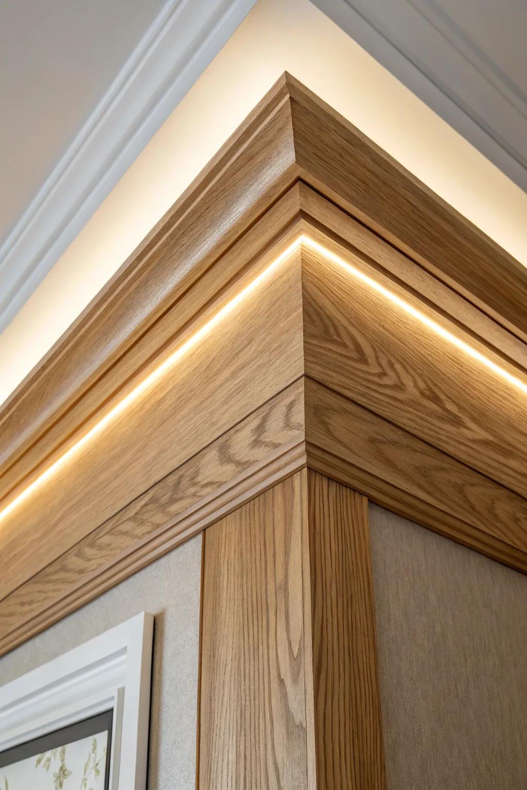 Three-piece crown molding light rail creates a soft ceiling glow and a taller-room feel.