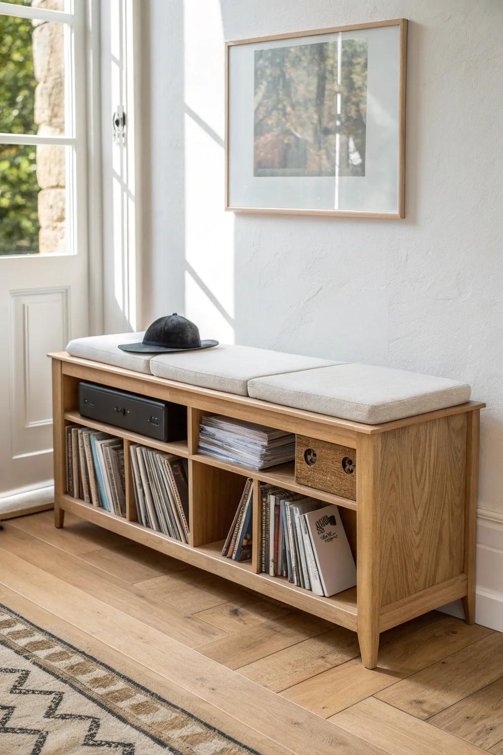 A cozy entryway bench with record cubbies—minimal, warm oak, and made for flipping albums.