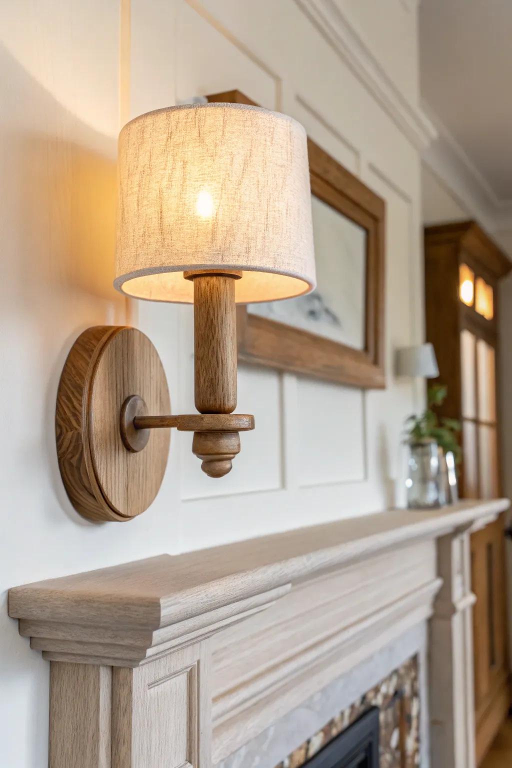 Matching warm wood sconces bring effortless symmetry and cozy glow above the fireplace.