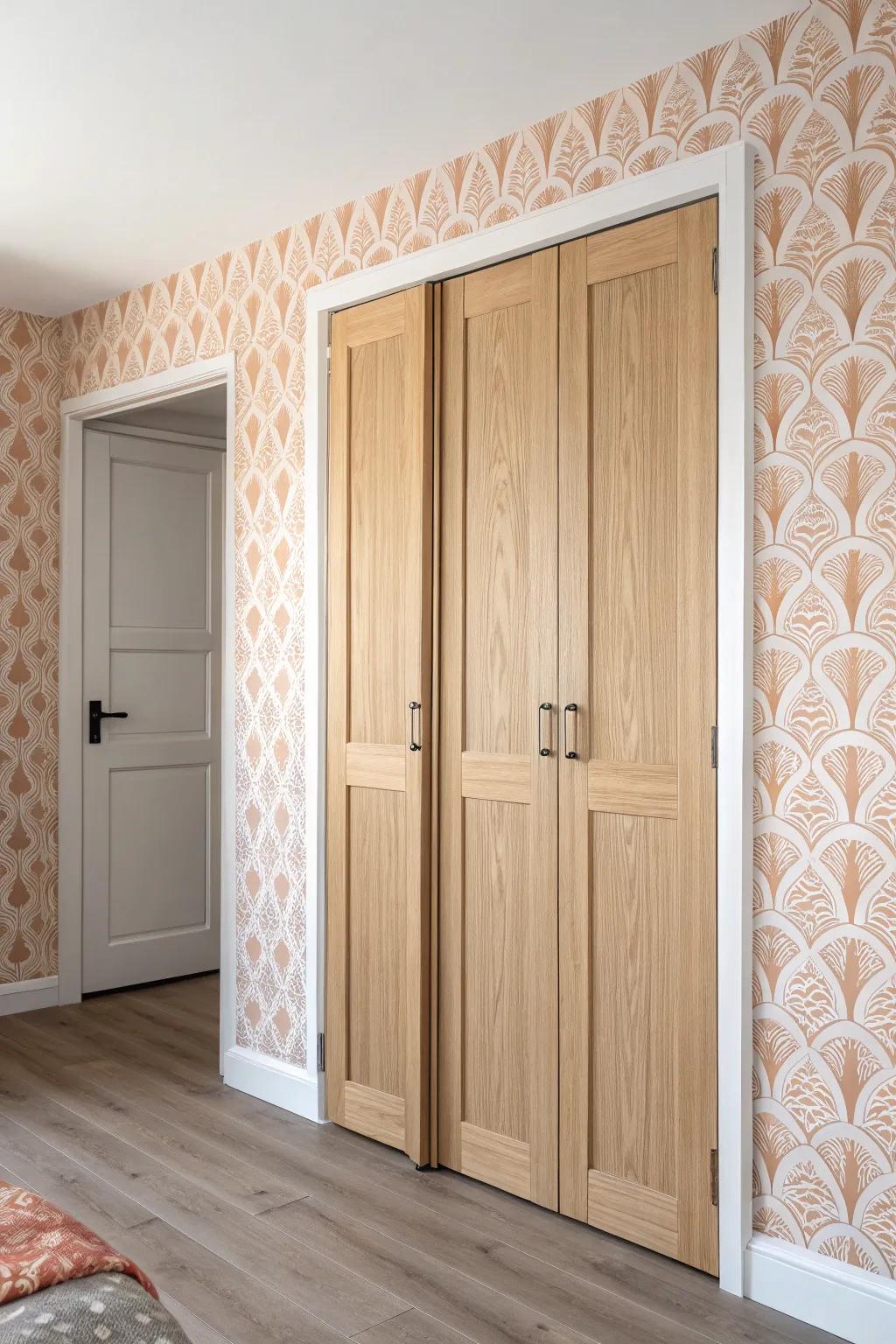 Removable wallpaper turns accordion closet doors into a bold, update-anytime statement.