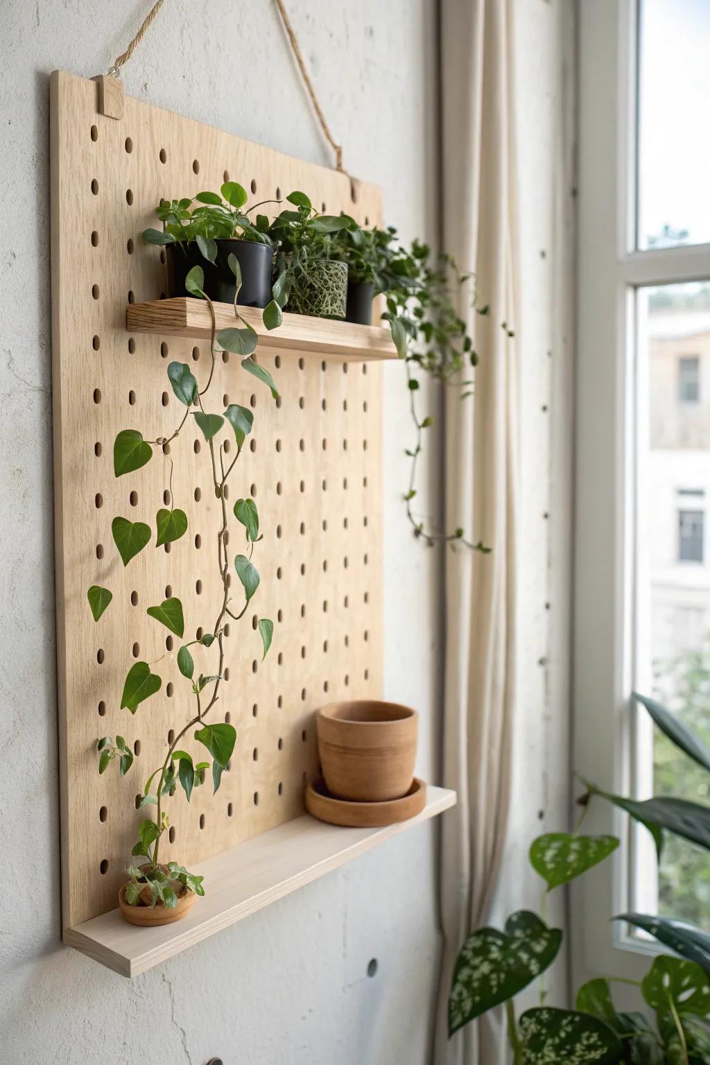 Soft greenery on a light oak pegboard—one shelf, one vine, instantly calm and cozy.