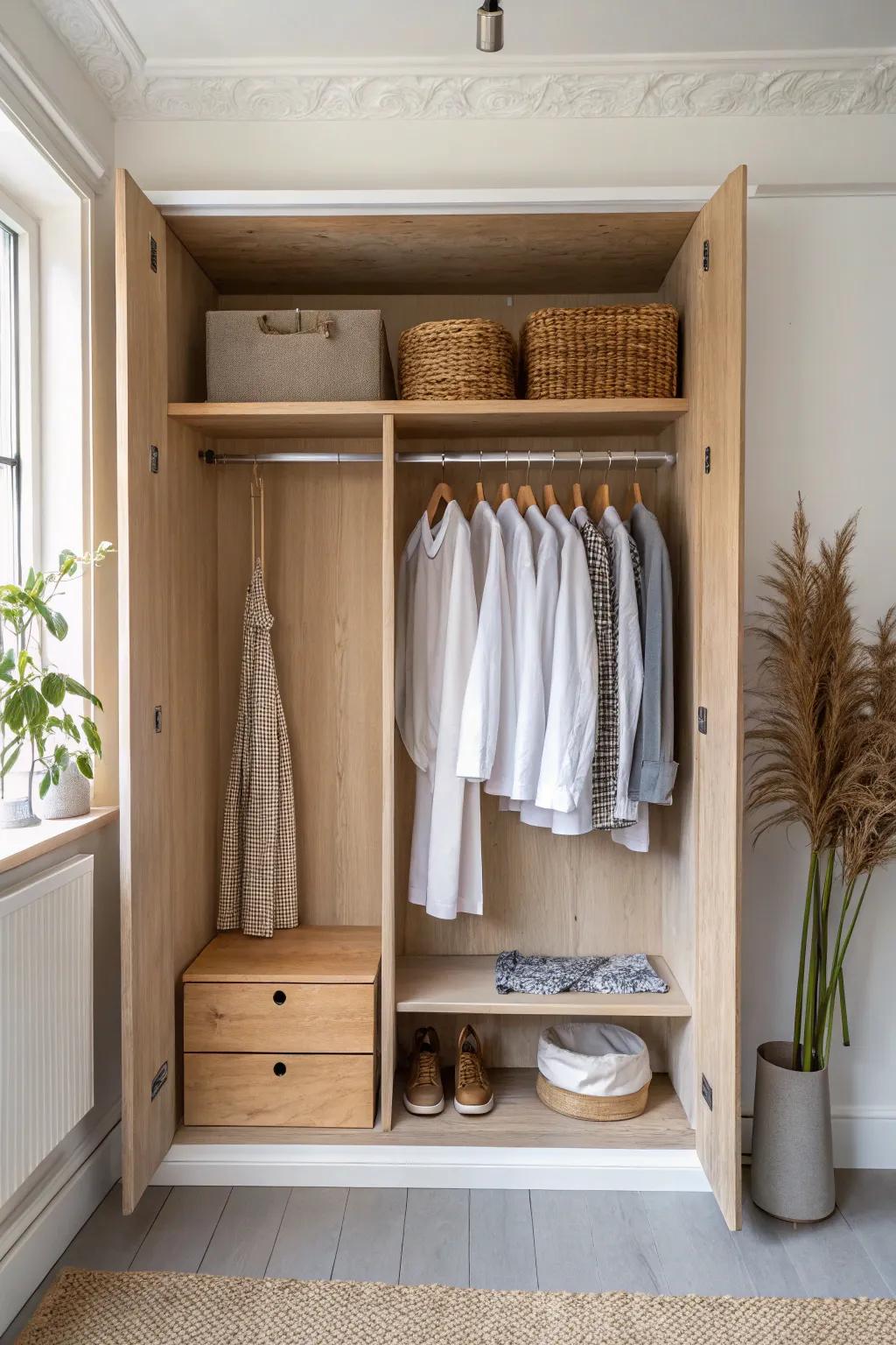 Double hanging rails in a slim alcove wardrobe—twice the space with calm Scandinavian style.