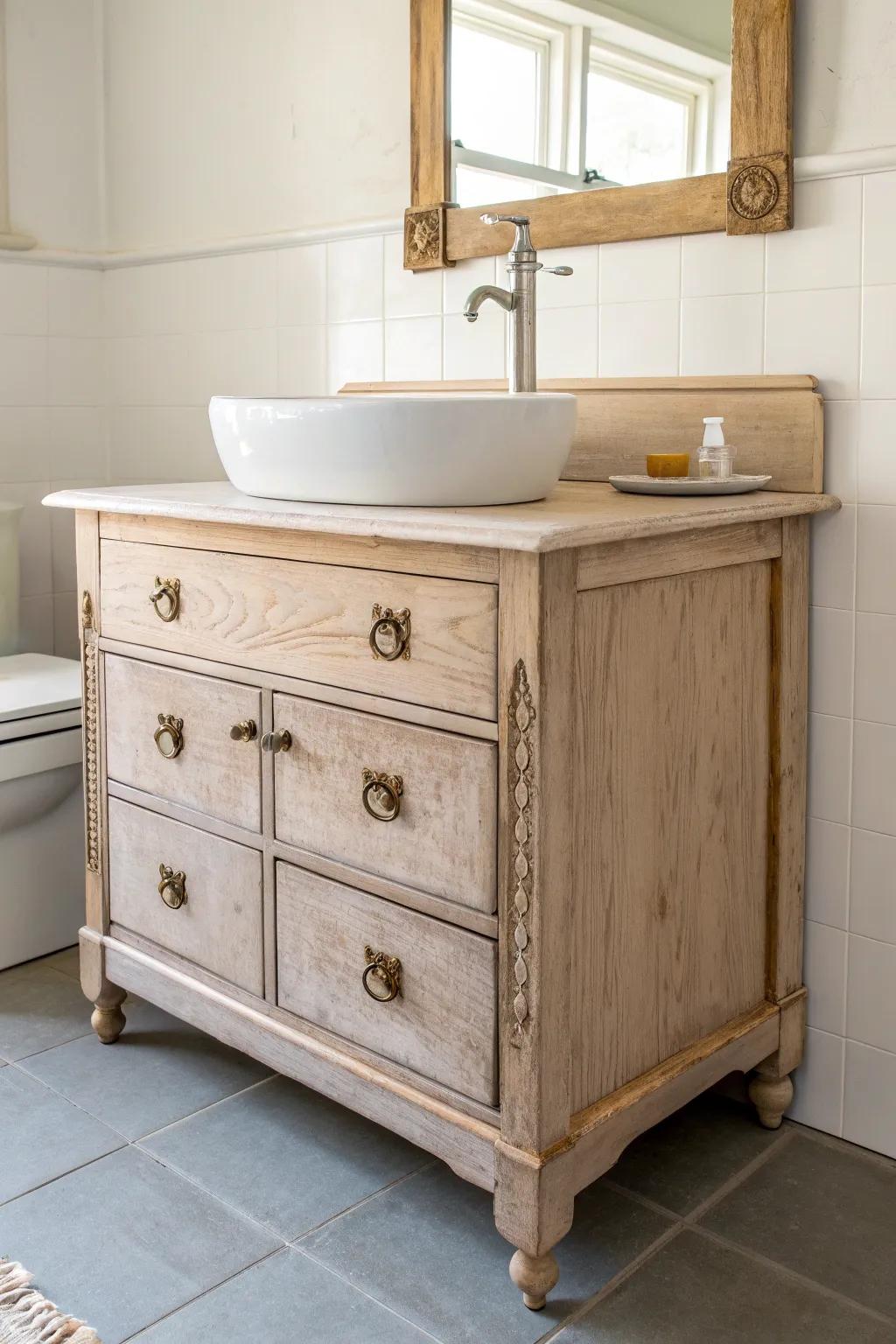 Soft greige farmhouse paint with gentle distressing makes an antique vanity feel cozy and refined.