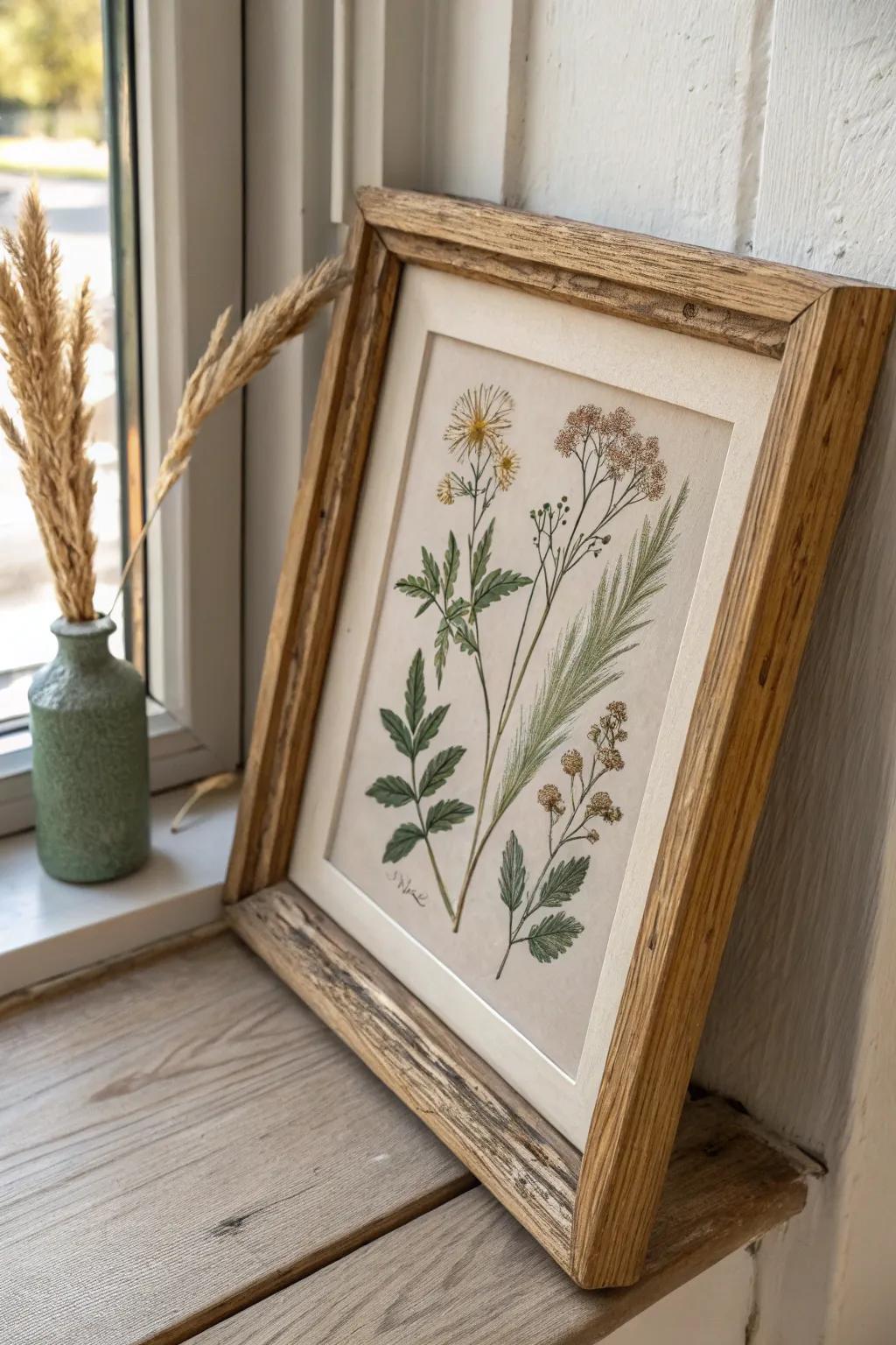 A single waxed vintage frame makes botanical prints feel collected—soft, aged, and timeless.
