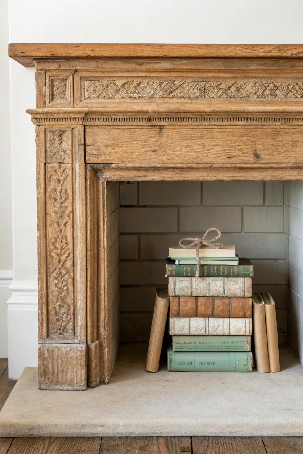 Vintage books stacked in the firebox turn an antique mantel into the coziest mini library.