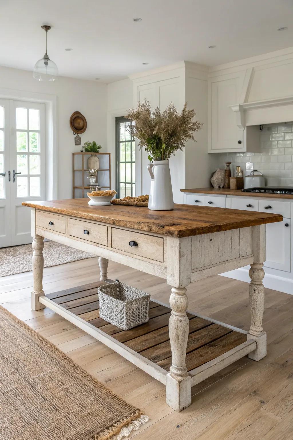 Antique kitchen island with turned legs—simple top, vintage character, warm reclaimed wood.