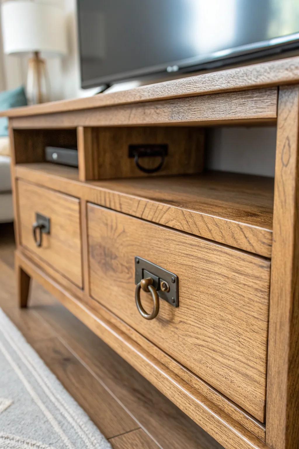Oversized metal pulls and a vintage latch instantly give a TV stand authentic antique character.