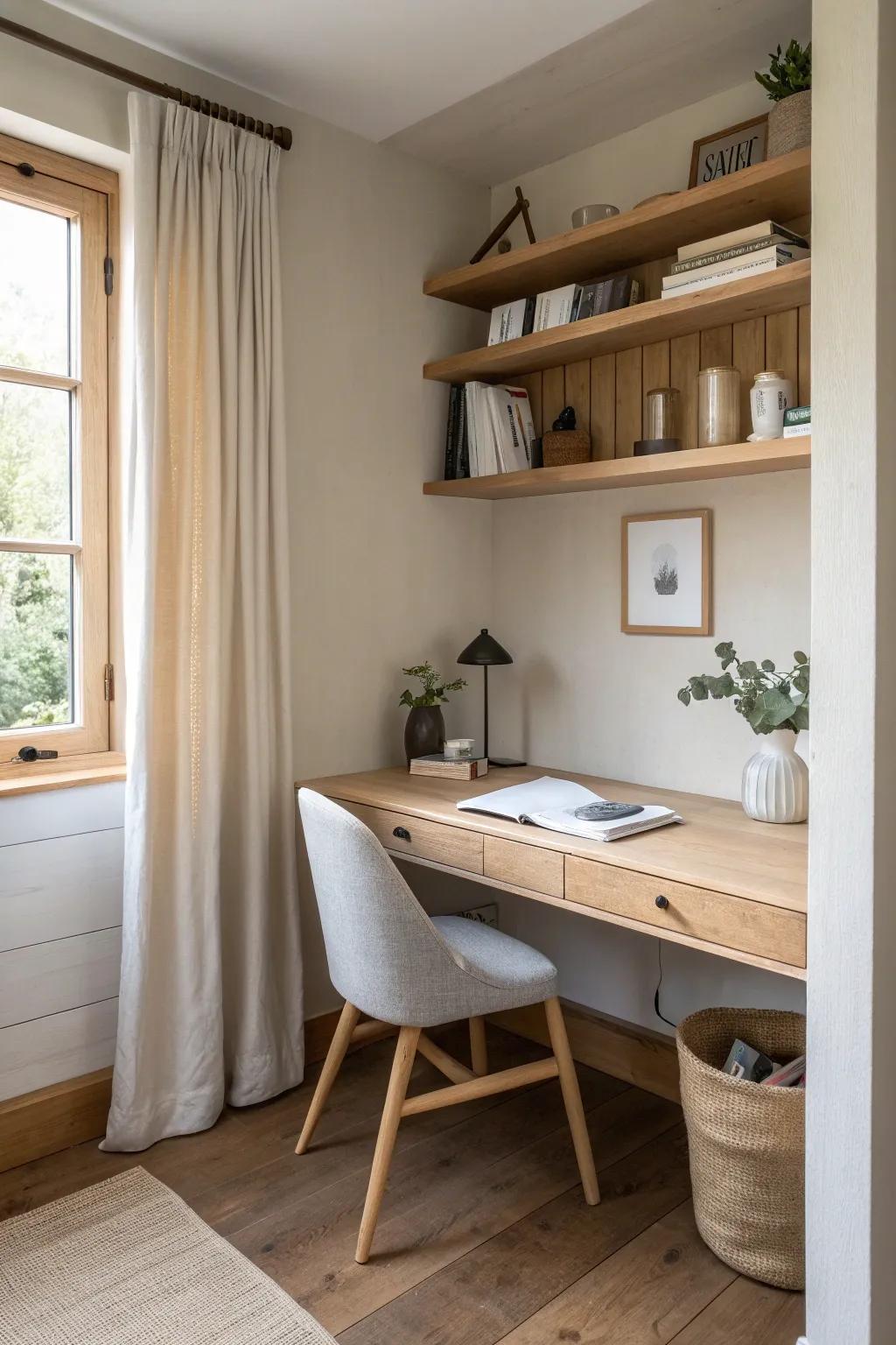 Turn a closet into a cozy office with a warm wood top and simple shelves above.