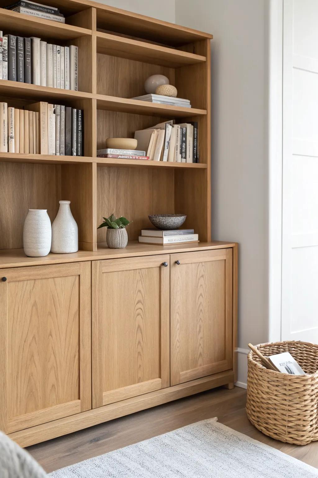 Open shelves for styling, shaker cabinets below—an apartment library that stays calm and clutter-free.