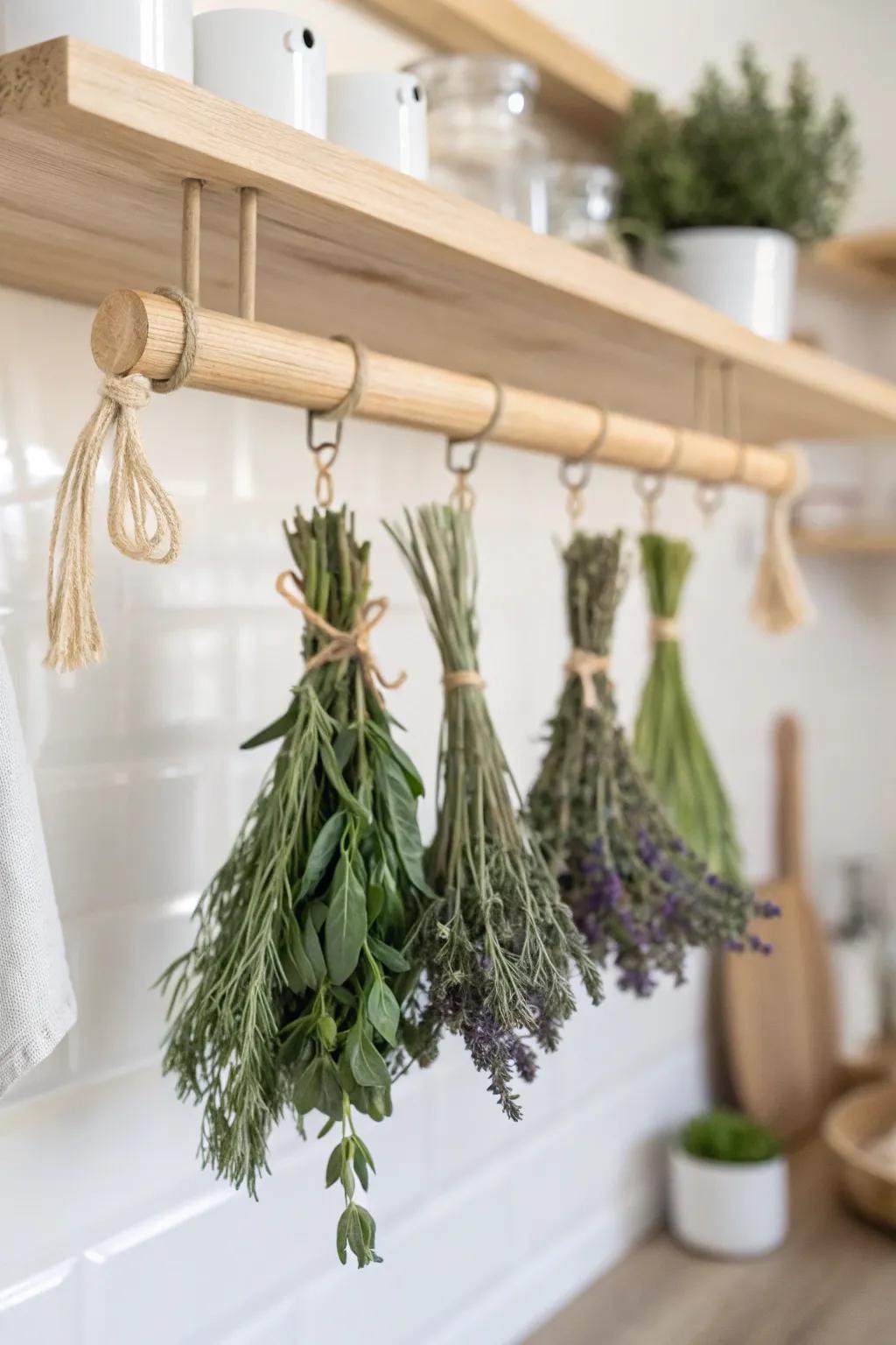 A built-in herb drying rack that adds apothecary charm—warm wood, brass hooks, and scent.