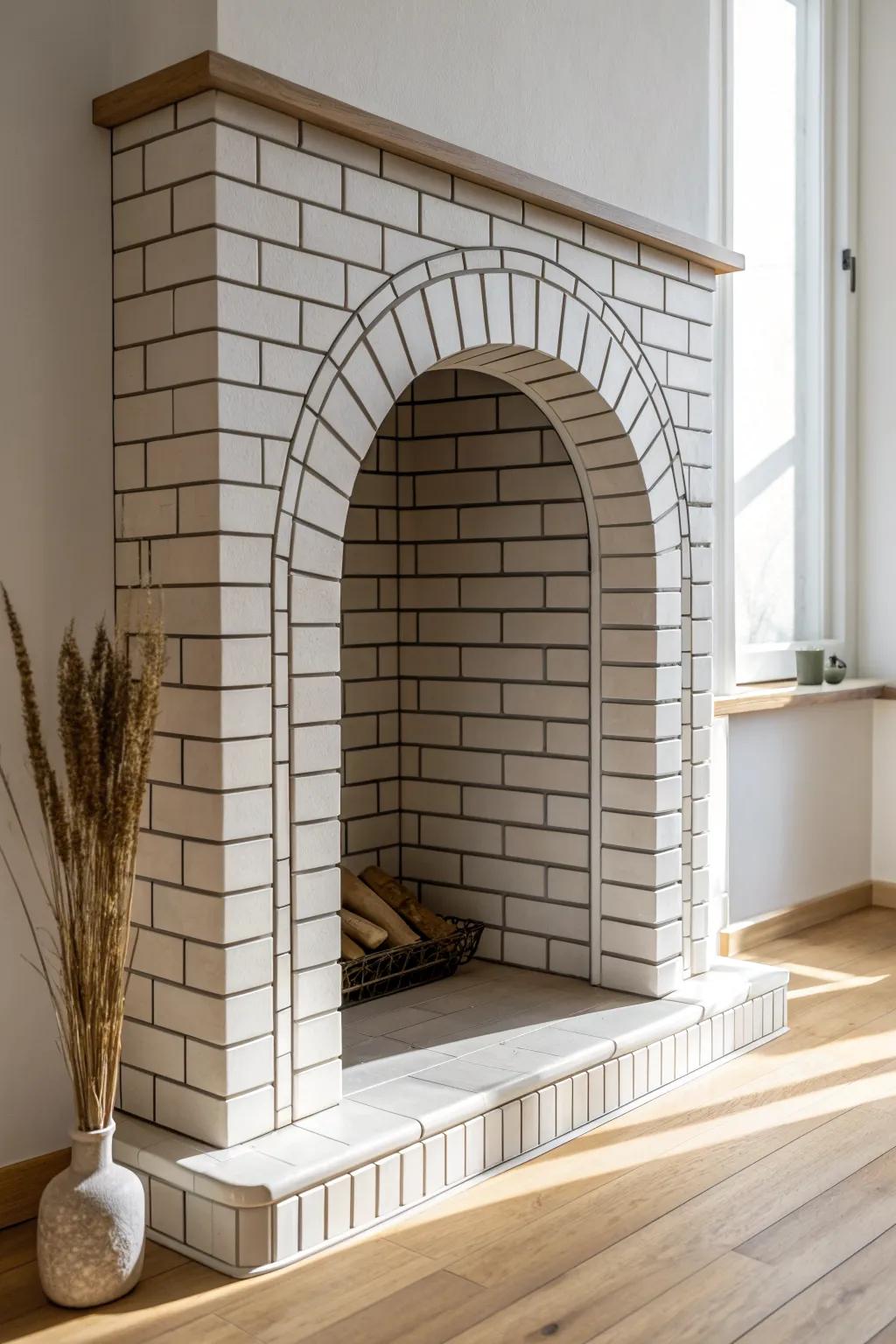 Crisp stacked subway tile wrapped around an arch for a clean, graphic fireplace statement.