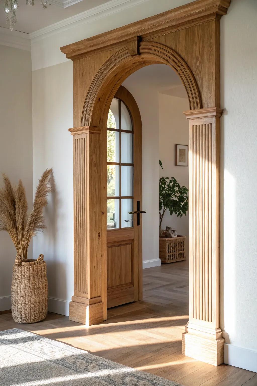 Fluted pilasters make an arched doorway feel taller—minimal, warm wood, and beautifully crafted.