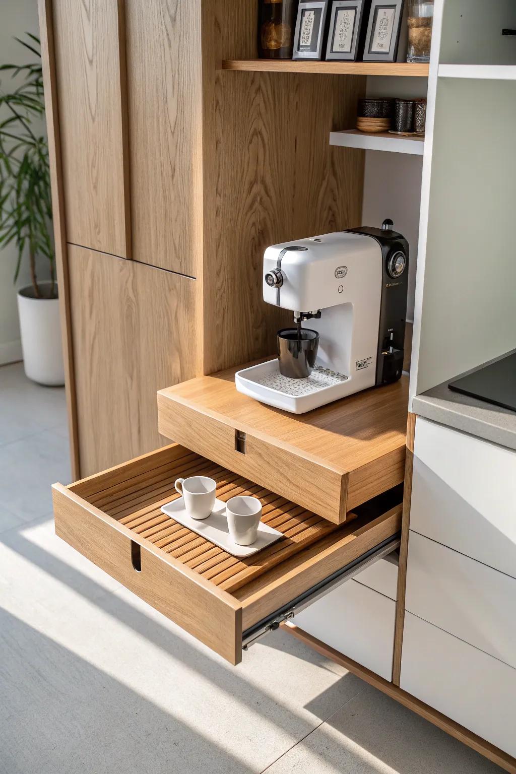 Pull-out tray coffee bar: smooth slides, solid oak face, and easy water refills—no reaching.