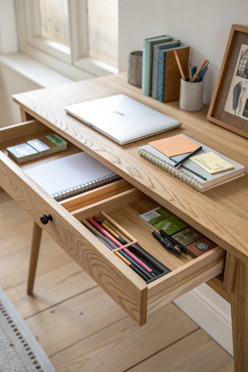 Hide bulky art supplies in a sleek under-desk pull‑out tray—close at hand, off the tabletop.