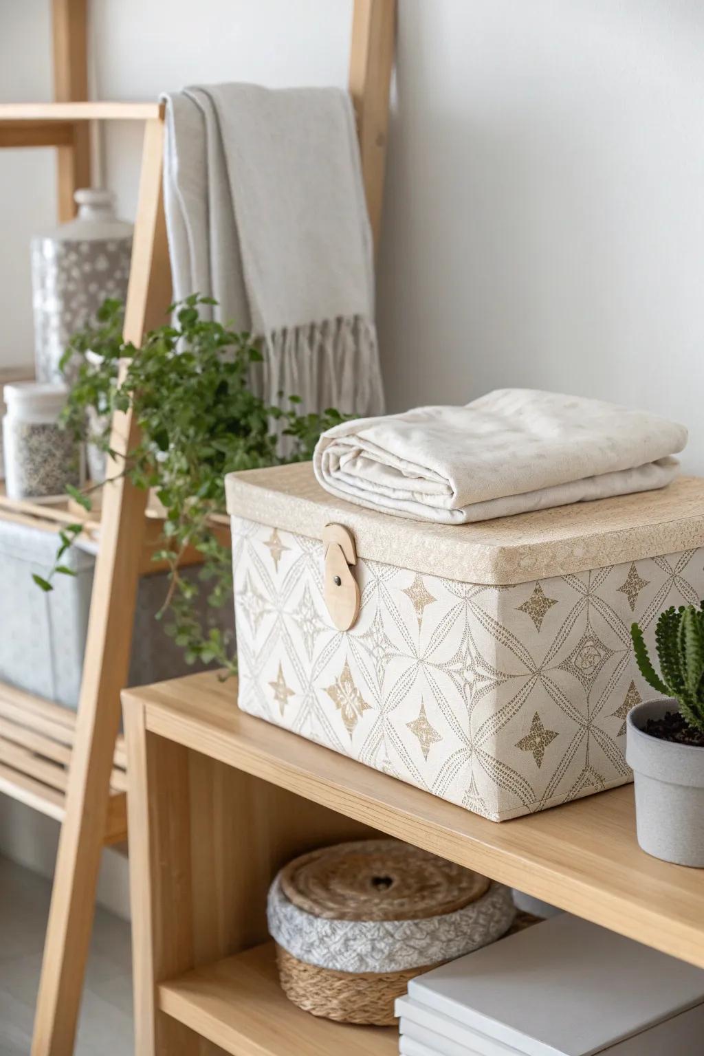 Elevate your storage game with artistic fabric-wrapped boxes for a tidy and stylish bedroom.