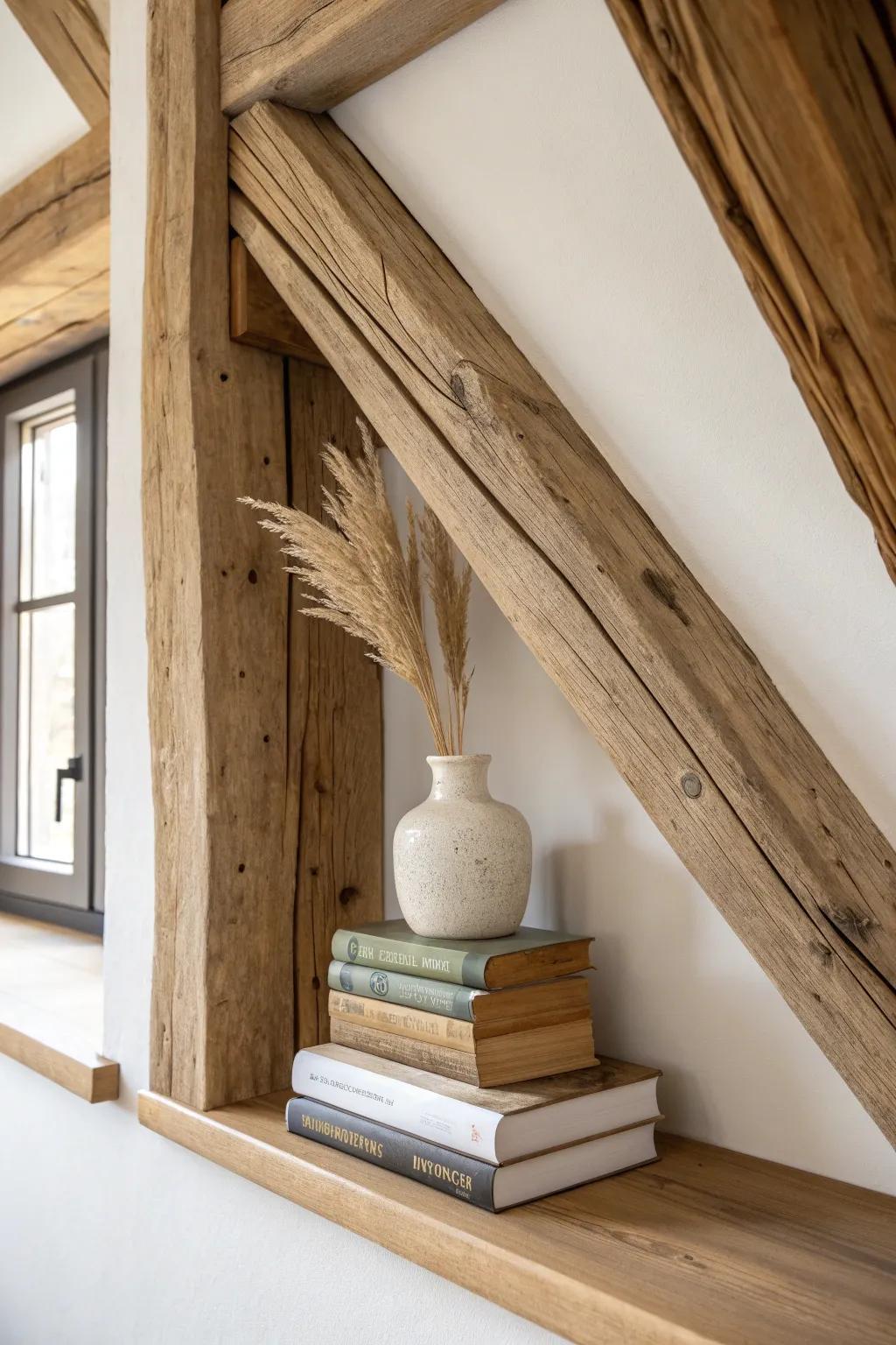 Exposed rafters + a slim built‑in shelf: the coziest attic library detail in natural wood.