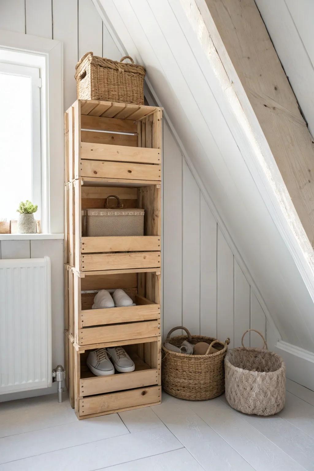Stacked wood crate shelves bring rustic attic storage—airy, sturdy, and beautifully simple.
