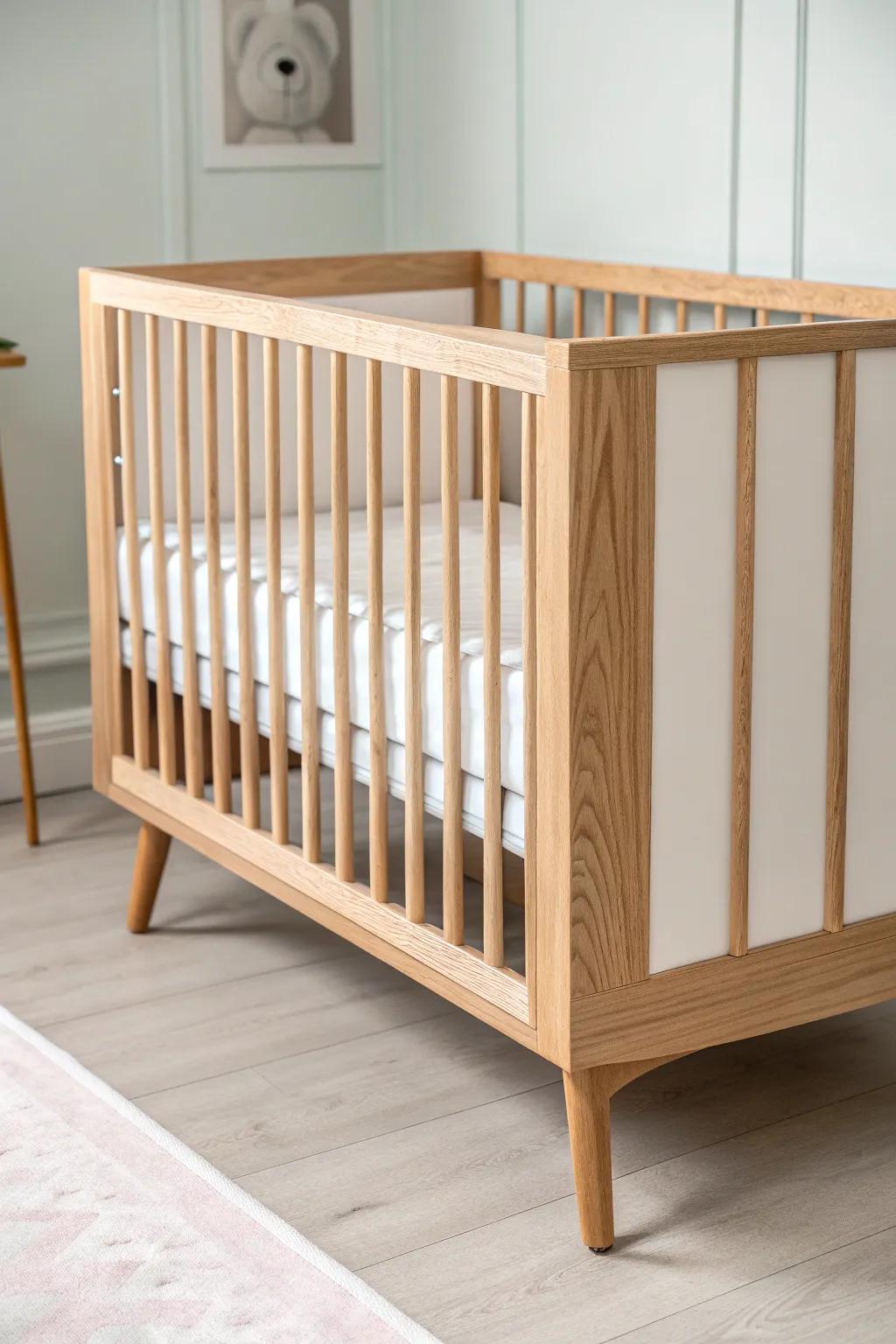 Two-tone crib makeover: natural wood grain + soft painted slats for a timeless, fresh look.