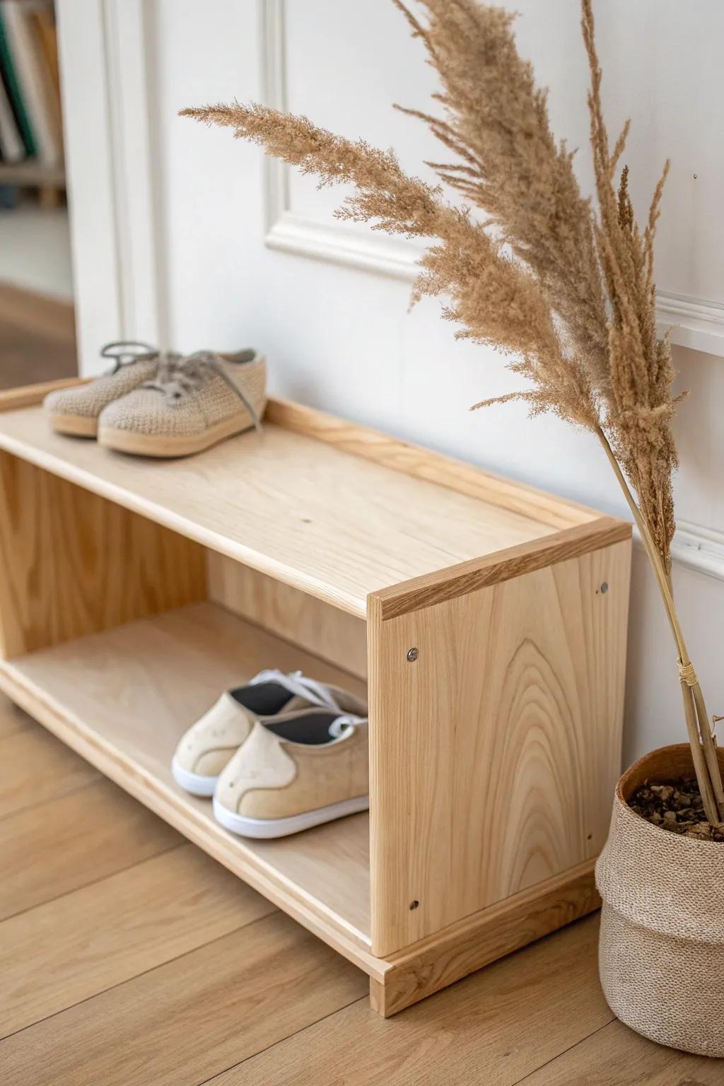A low Montessori shoe shelf in warm birch—easy for toddlers to grab shoes independently.