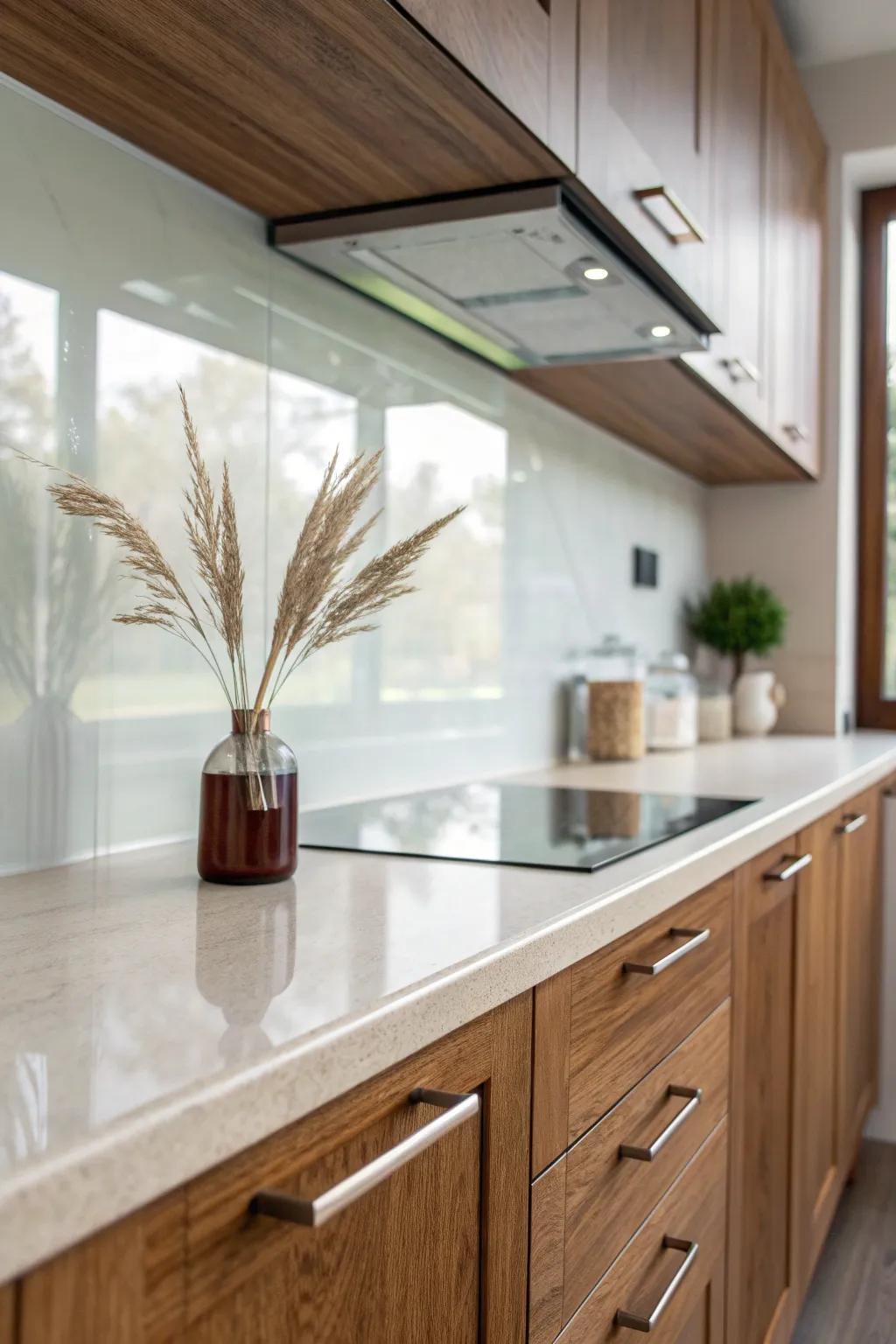 Clear glass backsplash reflecting light beautifully against rich cherry cabinets.