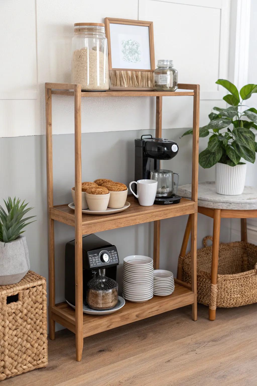 Scandi baker’s rack coffee bar with a tidy snack shelf—café vibes, zero crumbs.