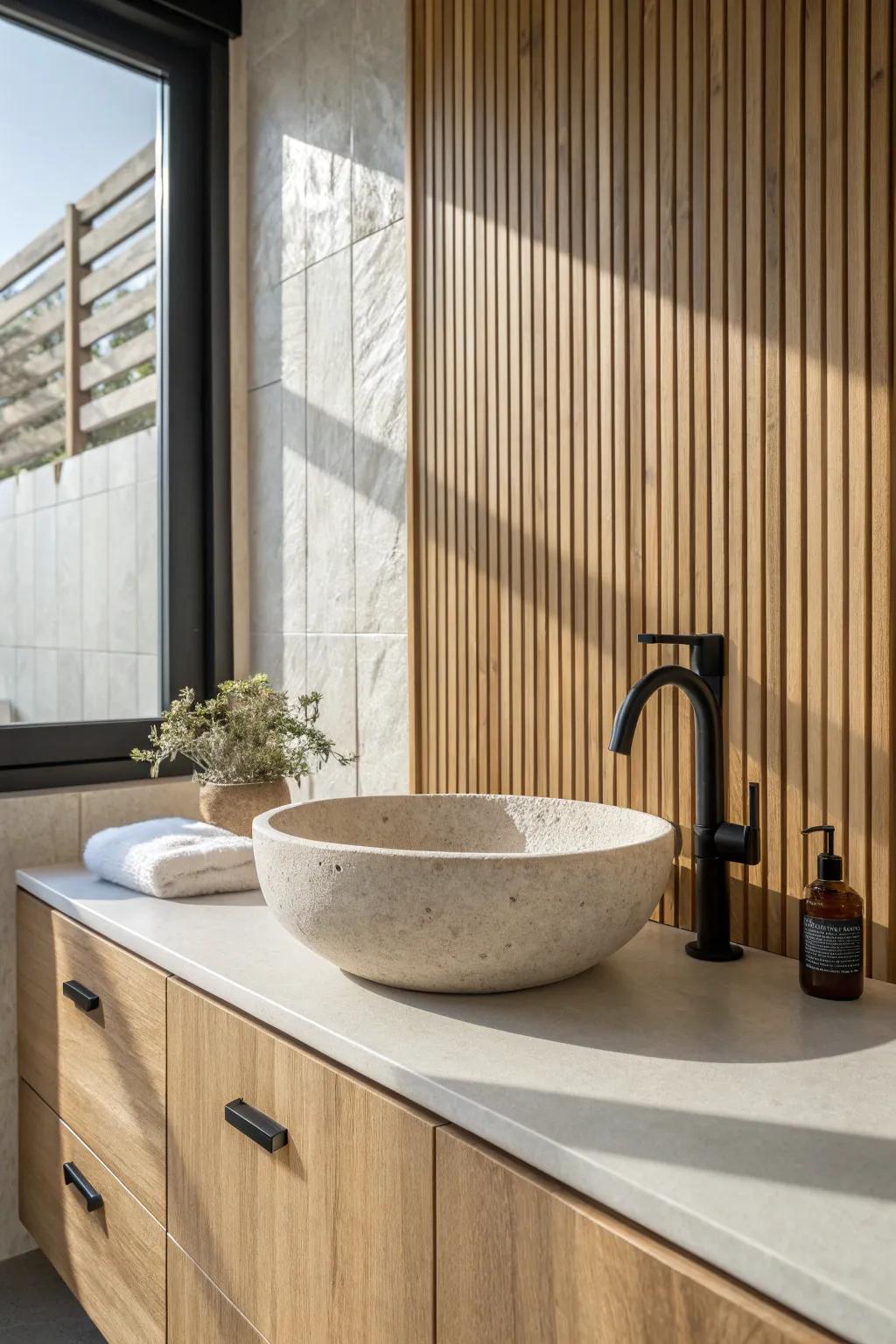 Vertical bamboo cladding behind the vanity adds warm texture with clean Scandinavian calm.