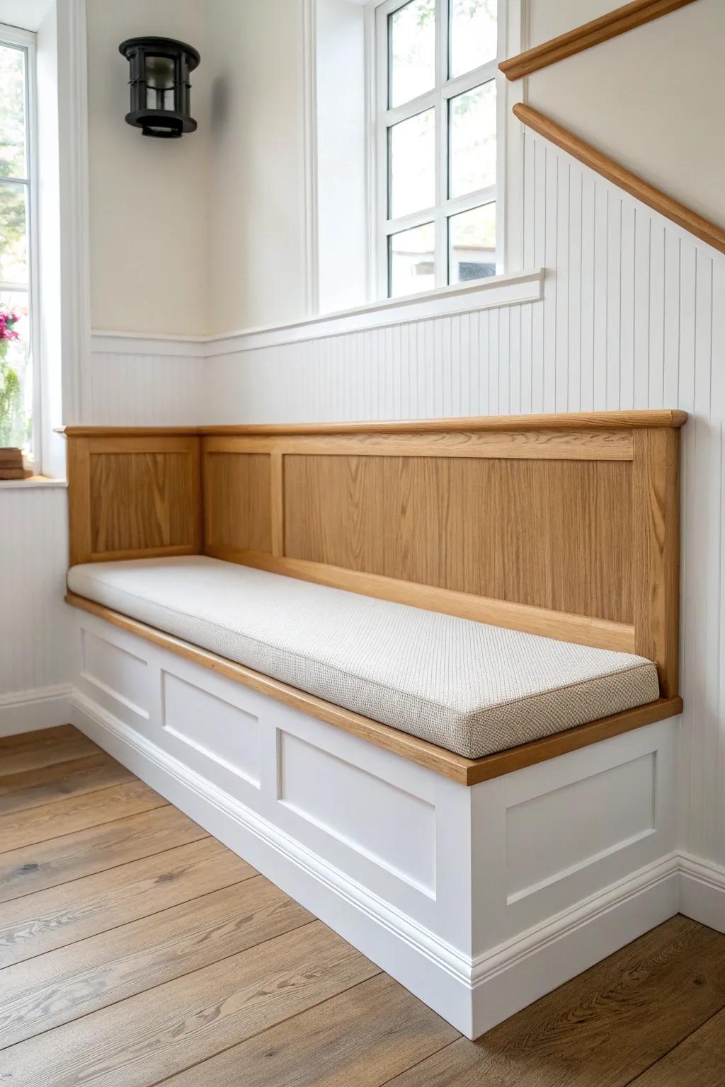 Two-tone banquette: crisp painted base + glowing wood rail that shows off the grain.