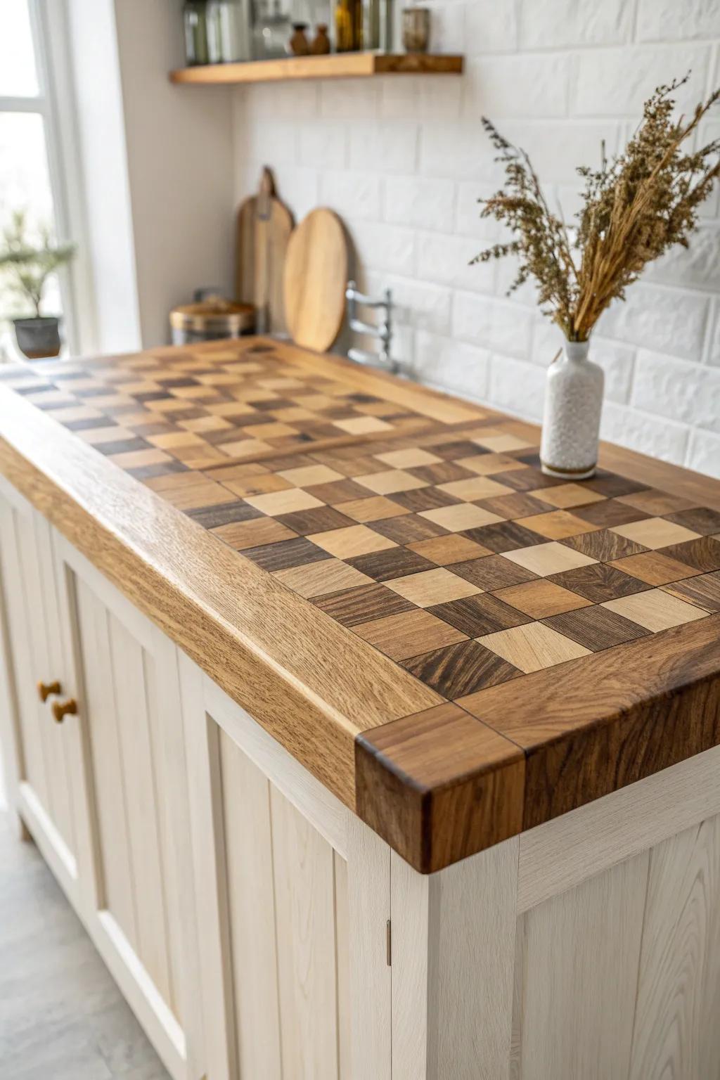 End-grain checkerboard bar top: a sturdy, scrap-friendly statement with warm natural grain.