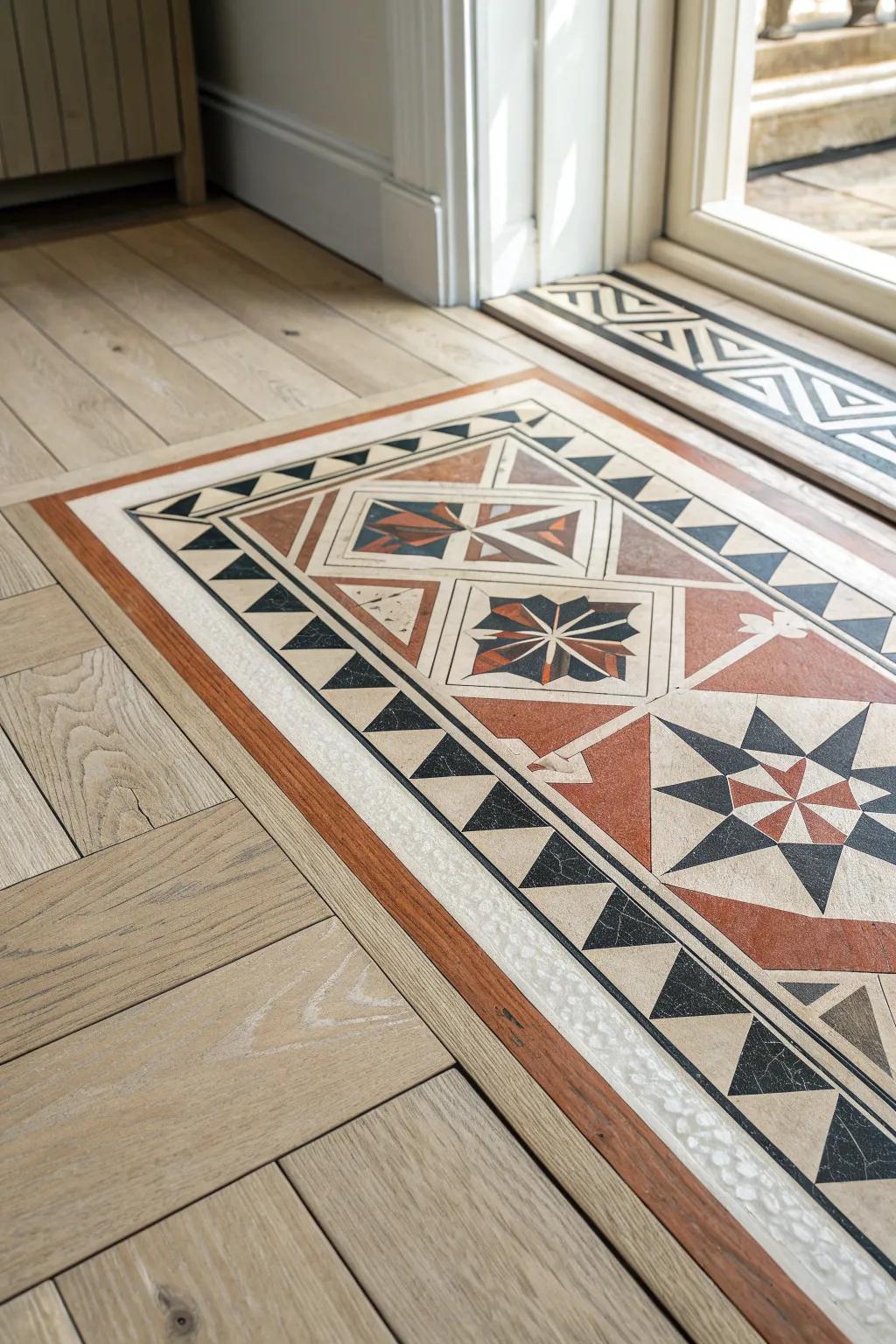 Define your bar zone with a patterned tile “rug” inlay—stylish, spill-proof, and timeless.