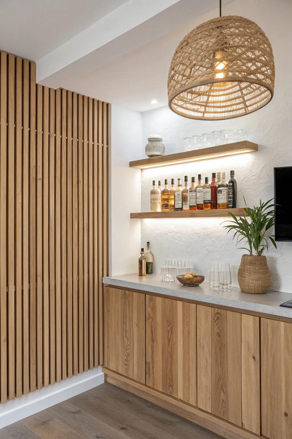 Vertical oak slats behind the bar turn your bottle display into warm, gallery-like art.