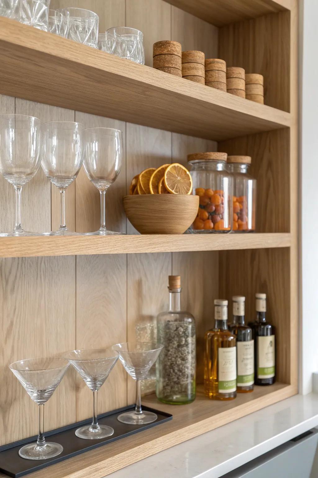 Open oak shelves, matching garnish jars, and tidy glassware—an edited cocktail bar that feels calm.