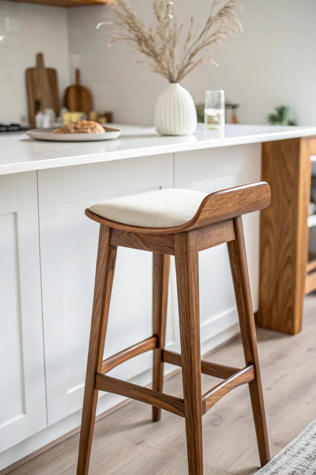 Warm walnut-toned stool adds cozy depth to a bright white kitchen—simple, crafted, timeless.