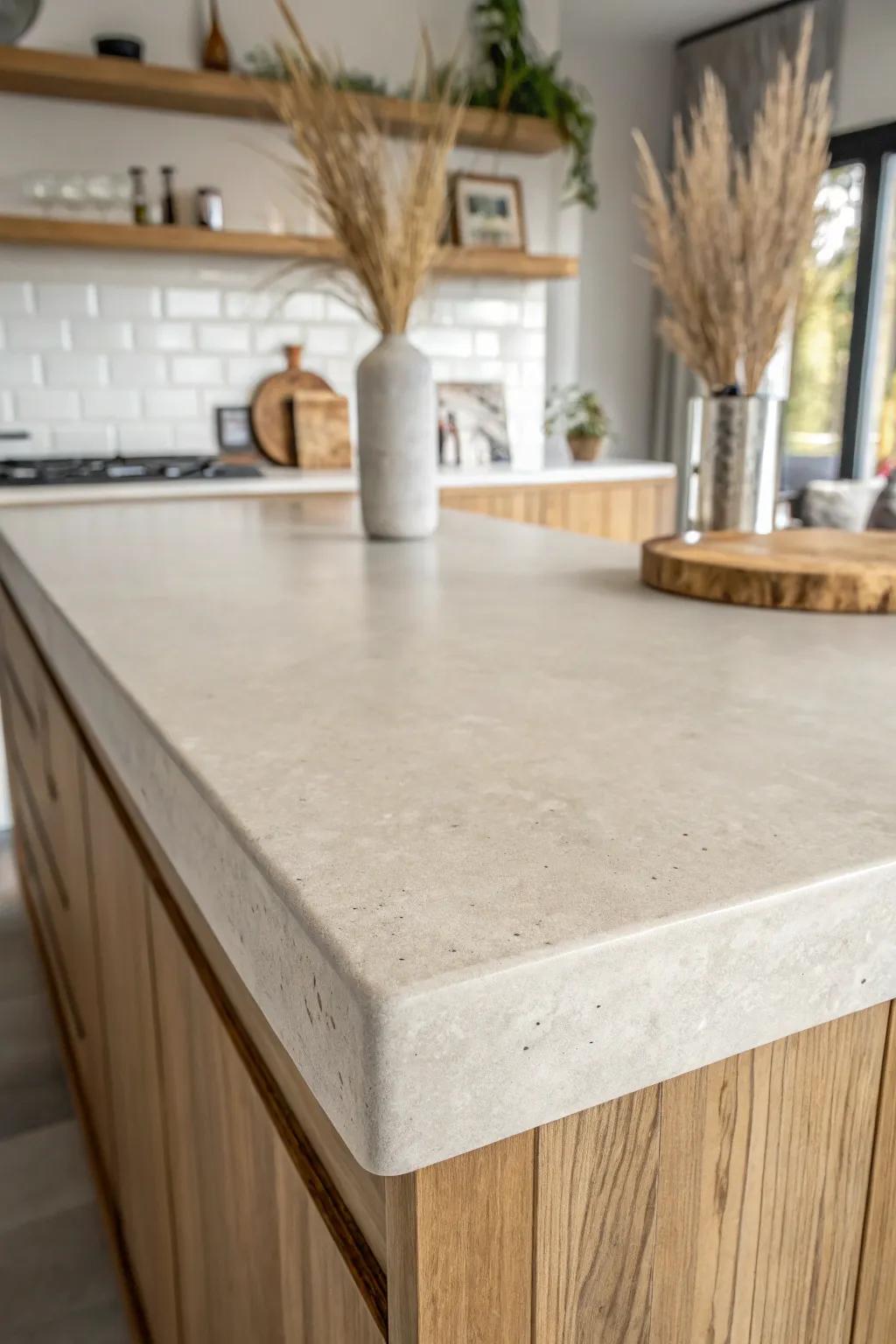Concrete skim coat overlay: modern matte bar top with warm wood contrast and sealed durability.